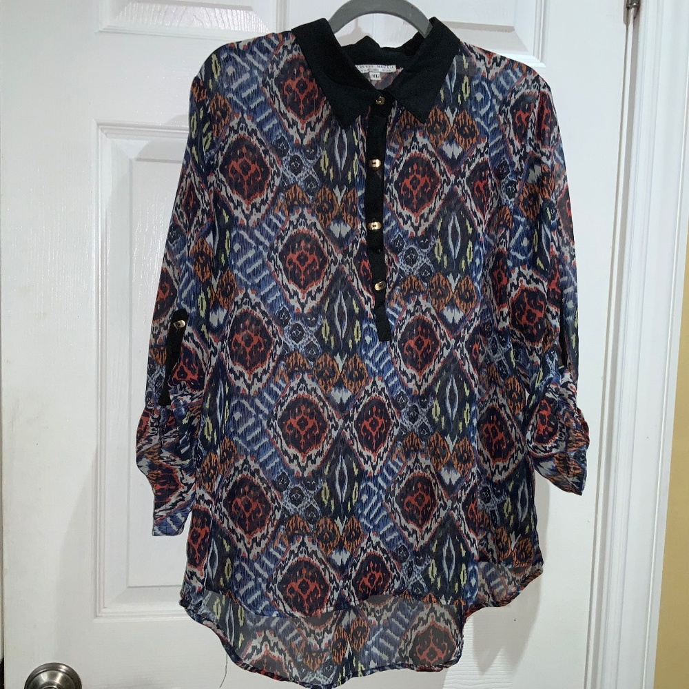 Alberto Makali semi sheer paisley half button blouse Sz XL contrast collar vtg